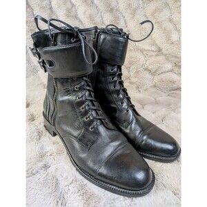 Via Spiga Black Leather Lace Up Ankle Boots Buckle Zip Cap Toe Womens 9